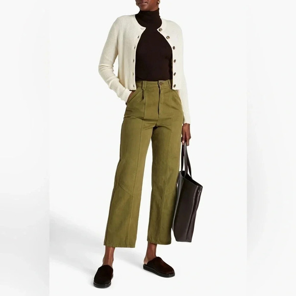 Sandro Khaki Sahara Pleated Cotton Cropped Wide Leg Twill Pants - Picture 1 of 11
